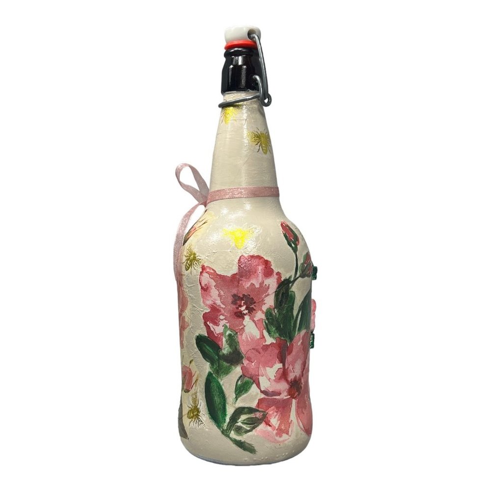Hand Painted, Decoupaged and Clay Molded Flip Top Glass Bottle Vintage 3D Roses - Picture 10 of 15